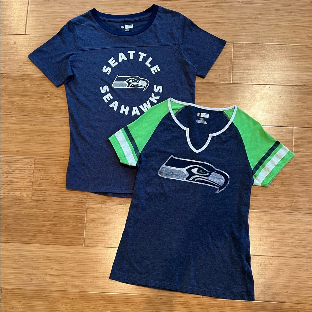 Two SEAHAWKS Women’s Cut Tee Shirts Large New and Like New